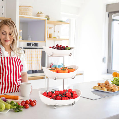 MEIGLQEA 3 Tier Fruit Basket for Kitchen Counter, Silver/White Ceramic Fruit Bowl for Countertop, Home Fruit Rack with Holder, Vegetable Bowl Snacks Nuts Bread Candy Storage (White)