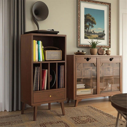 YUHUAWF Vinyl Record Holder Wooden Vinyl Record Low Cabinet with Drawers Storage Unit Display Holder CD Holder(Walnut colour)