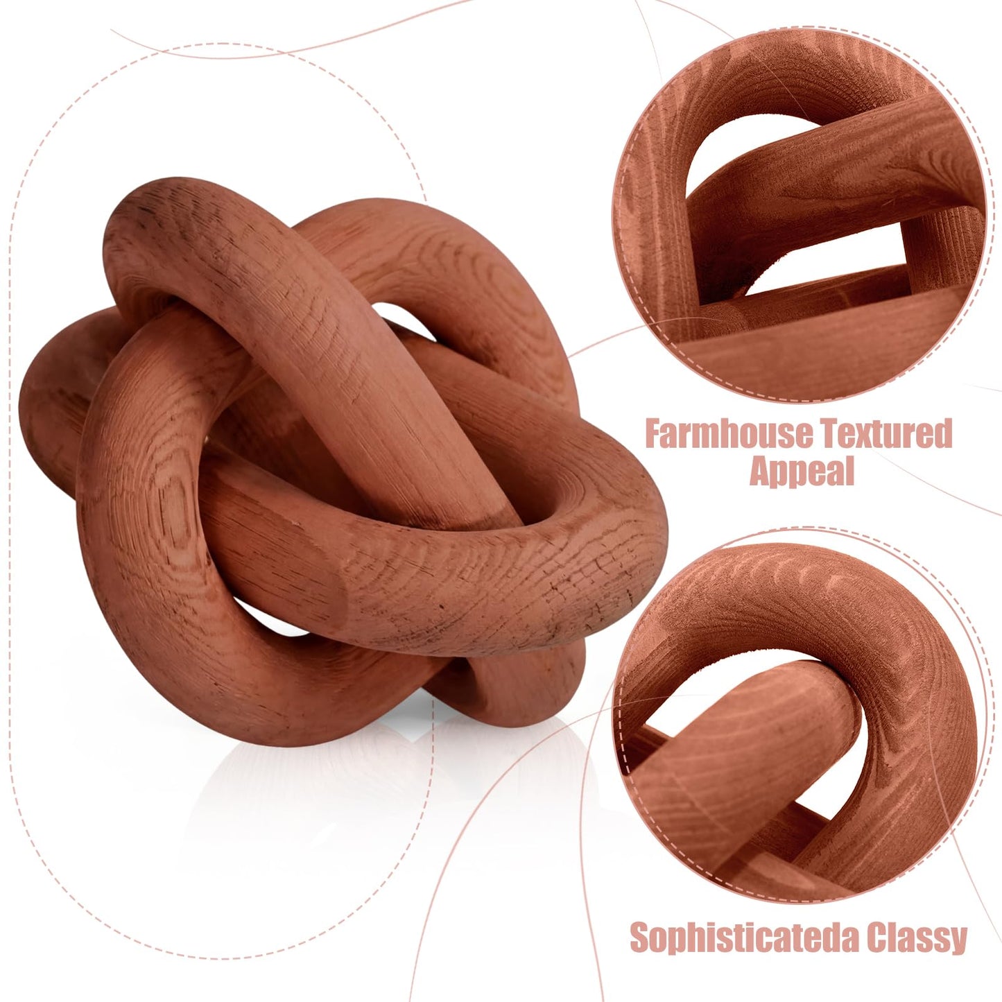 BrightRow Wood Knot Decorations Set of 3, Wooden Chain Link Coffee Table Decor, Modern Boho Farmhouse Rustic Home Decor for Living Room Shelf Tabletop Sizes 3.94", 4.72", 5.91"(Rust)