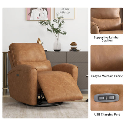 Bonzy Home Power Swivel Rocker Recliner Chair with USB Port, 23.2" Wide Seat, Fixed Lumbar Support, Upholstered Glider Chair for Nursery Living Room, Brown