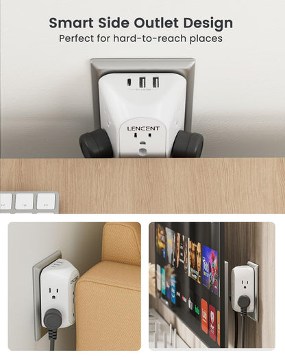 LENCENT 2 Prong Power Strip, 3 to 2 Prong Grounding Outlet Adapter 6 Outlet 1 Type C&2 USB 3.4A, Polarized Plug, 1728J Surge Protector, 3-Sided Wide Spaced Extender,Wall Mount for Non-Grounded Outlet