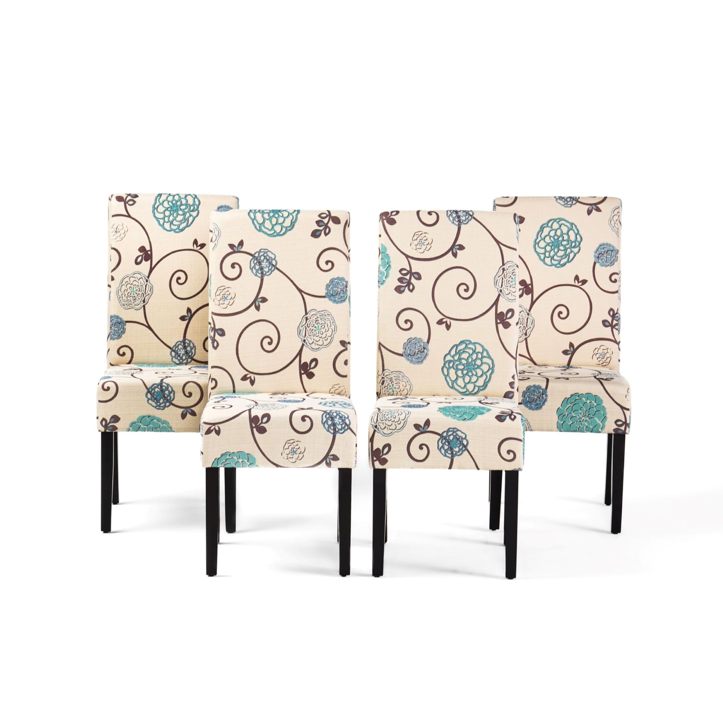 Evangeline Contemporary Fabric Dining Chairs (Set of 4), Light Beige with Blue Floral