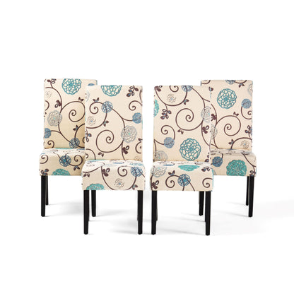 Evangeline Contemporary Fabric Dining Chairs (Set of 4), Light Beige with Blue Floral