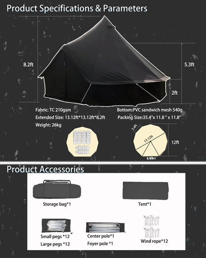 Kanggogo Canvas Tent,Bell Tent Yurt with Stove Jacks,Luxury Glamping Tent,Zipped Removable Floor for Glamping Truck Car Camping,Breathable/Windproof/Family Camping All Year Living 4/5person(Black-13')