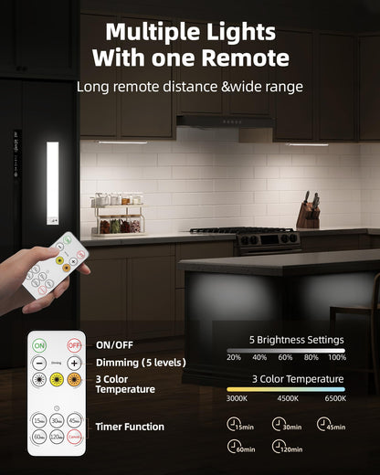 AMETHEUS 12inch Under Cabinet Lighting with Remote, 2400mAh Rechargeable Motion Sensor Light Indoor, Wireless Closet Lights, Dimmable, 3 Color Temps, Magnetic for Kitchen, Stairs (4 Pack)