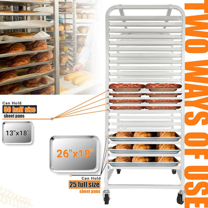 HECASA Adjustable Bun Pan Rack 25 Tier with Brake Wheels, Bakery Sheet Rack for Foodservice, Kitchen,Restaurant, Pizzeria, Hotel, Home, Aluminum, 24.72" L x 20.5" W x 58''H Oxidation