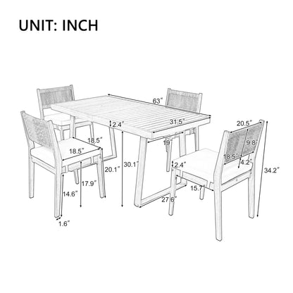 Merax Wood Outdoor Dining Table Set for 4,All Weather Patio Chairs with Soft Cushions and Jute Rope Knitted Back