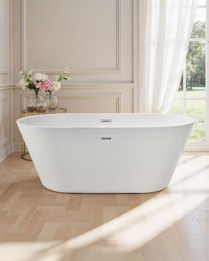 VEVOR Acrylic Freestanding Bathtub, 59 Inch Contemporary Soaking White Tub with Brushed Nickel Overflow and Drain, Elegant Oval Shape Stand Alone Soaker Tub for Modern Bathroom or Remodel Projects