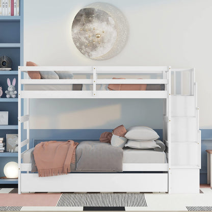 Twin Over Twin Bunk Bed with Trundle,Solid Wood Bunk Beds with Storage Stairs,Bunk Bed Twin Size with Stairs for Kids,Teens,Adults,White
