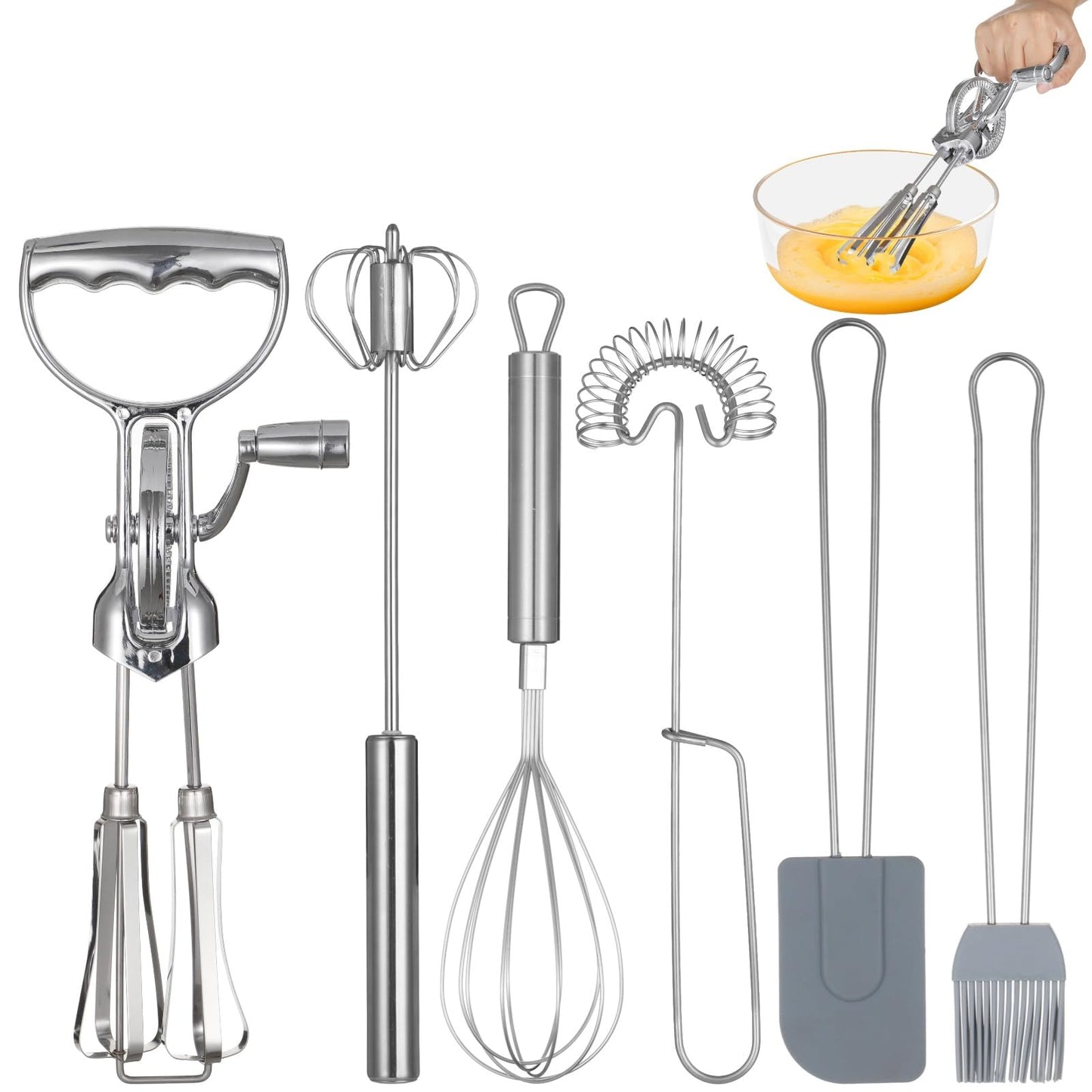 Rotary Egg Beater Set, Manual Rotating Beater with Mixer, Spring Whisk, Semi-automatic Whisk, Silicone Brush, and Spatula, Household Double-head Hand Push Ehisk Accessories