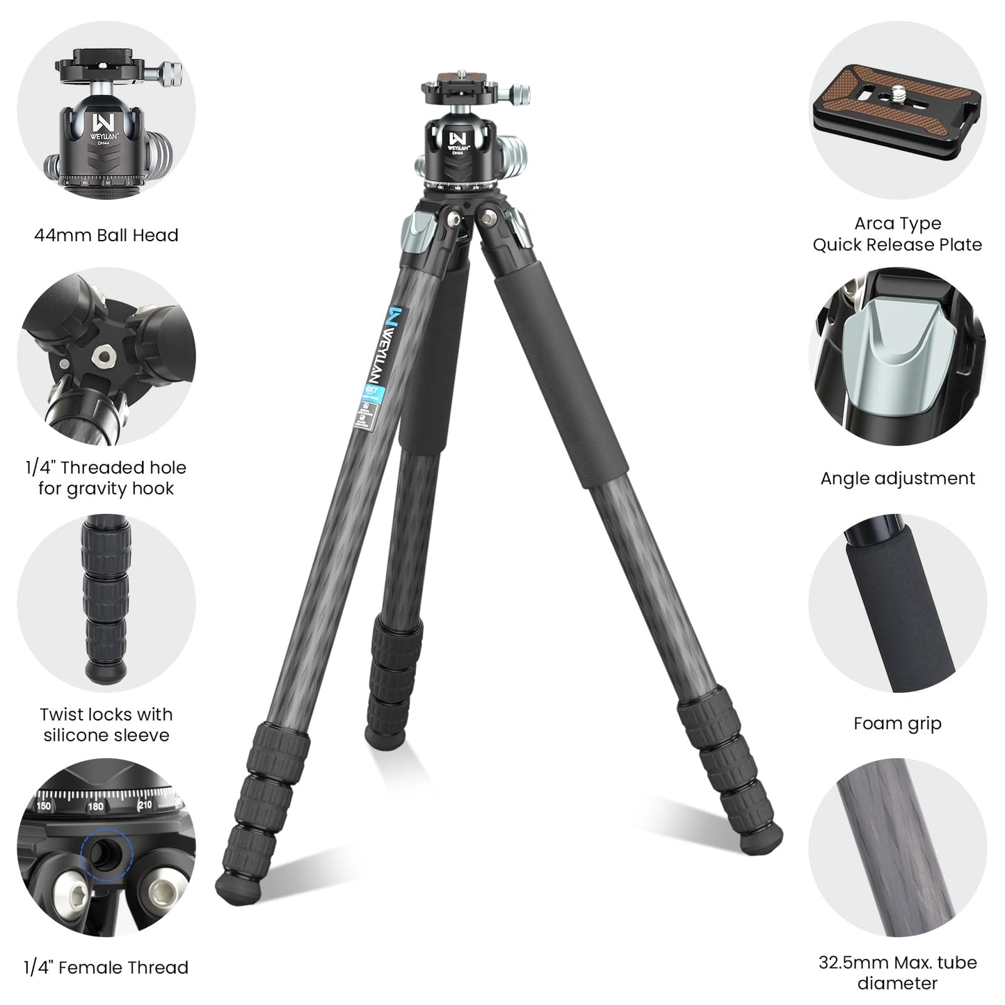 81'' Carbon Fiber Tripod for Camera WEYLLAN Heavy Duty Tripod Camera, 10-Layer Carbon Fiber Tube, 32.5mm Professional Tripod Leg with DSLR Ball Head for Camcorder Telephoto Lens, Max Load 20kg