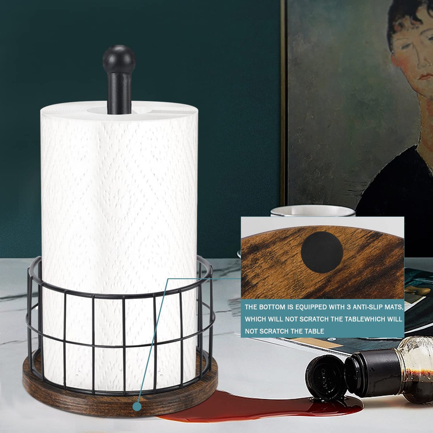 YINMIT Wood Paper Towel Holder Countertop, Farmhouse Paper Towel Holder with Heavy Duty Base, Wooden Paper Towel Holders, Paper Towel Holders for Kitchen, Fits Standard and Large Size Rolls