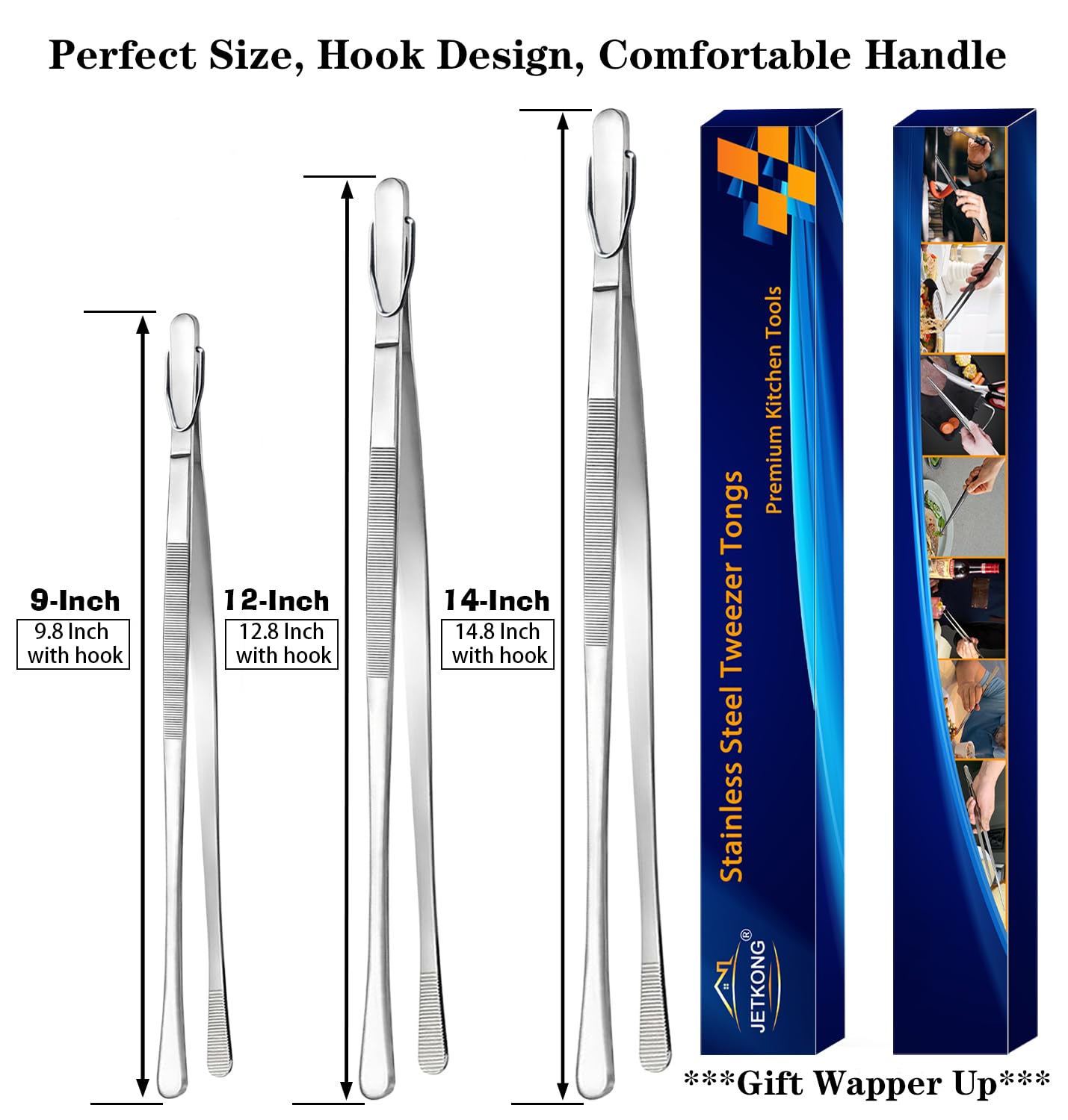 JETKONG 3 Pcs Extra Long Kitchen Tweezers Heavy Duty Stainless Steel Cooking Tweezers (9 12 14 Inch, Silver)