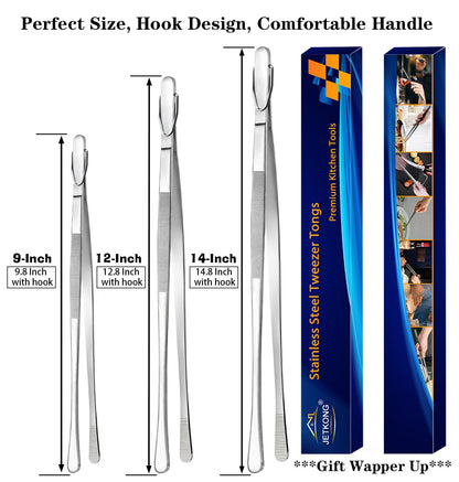 JETKONG 3 Pcs Extra Long Kitchen Tweezers Heavy Duty Stainless Steel Cooking Tweezers (9 12 14 Inch, Silver)