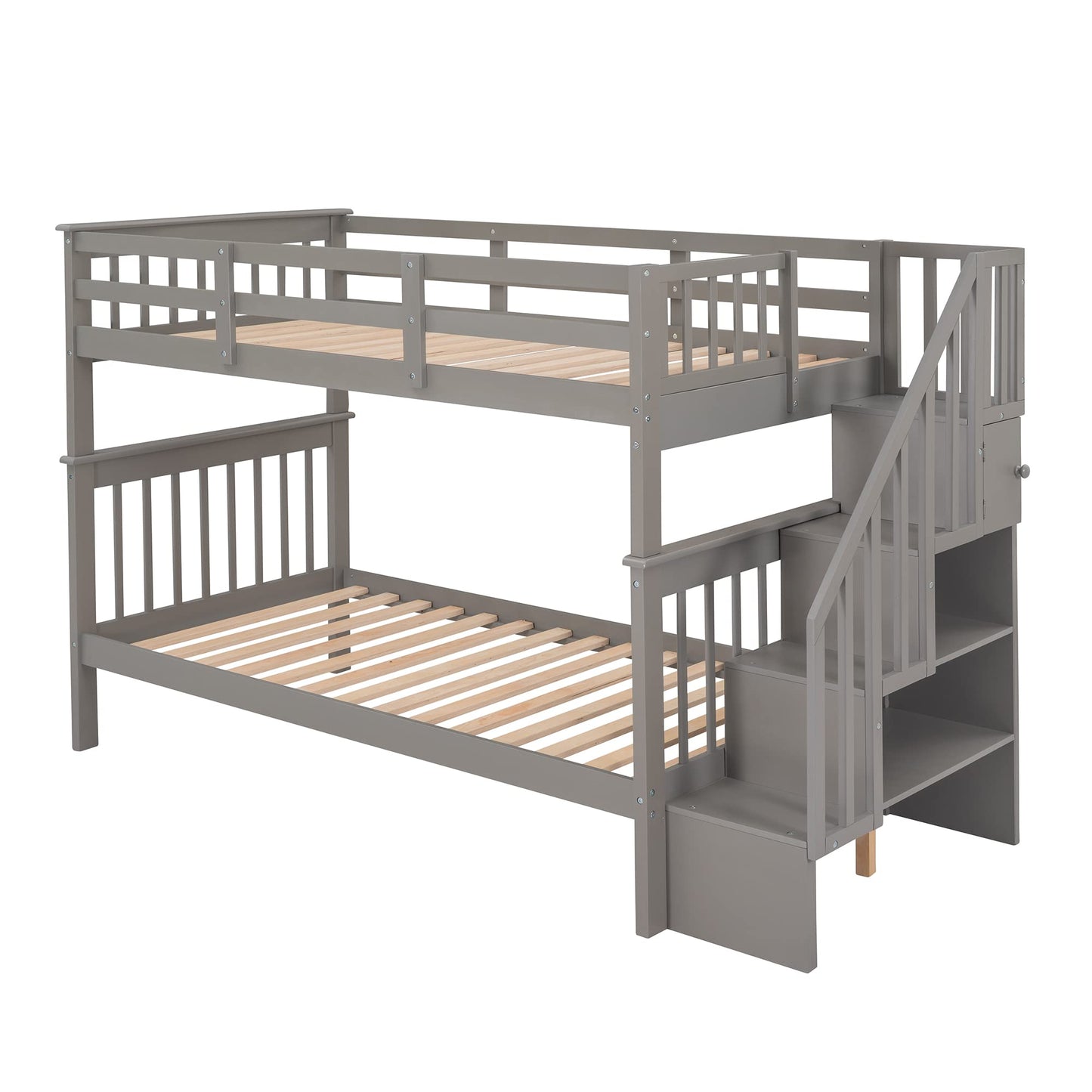 Ball & Cast Twin-Over-Twin Bunk Bed with Storage Ladder and Full-Length Guard Rail,Wood Bunkbed w/Slat Support,Space Saving,Bedframe Furniture for Student Dorms,Studio,Gray