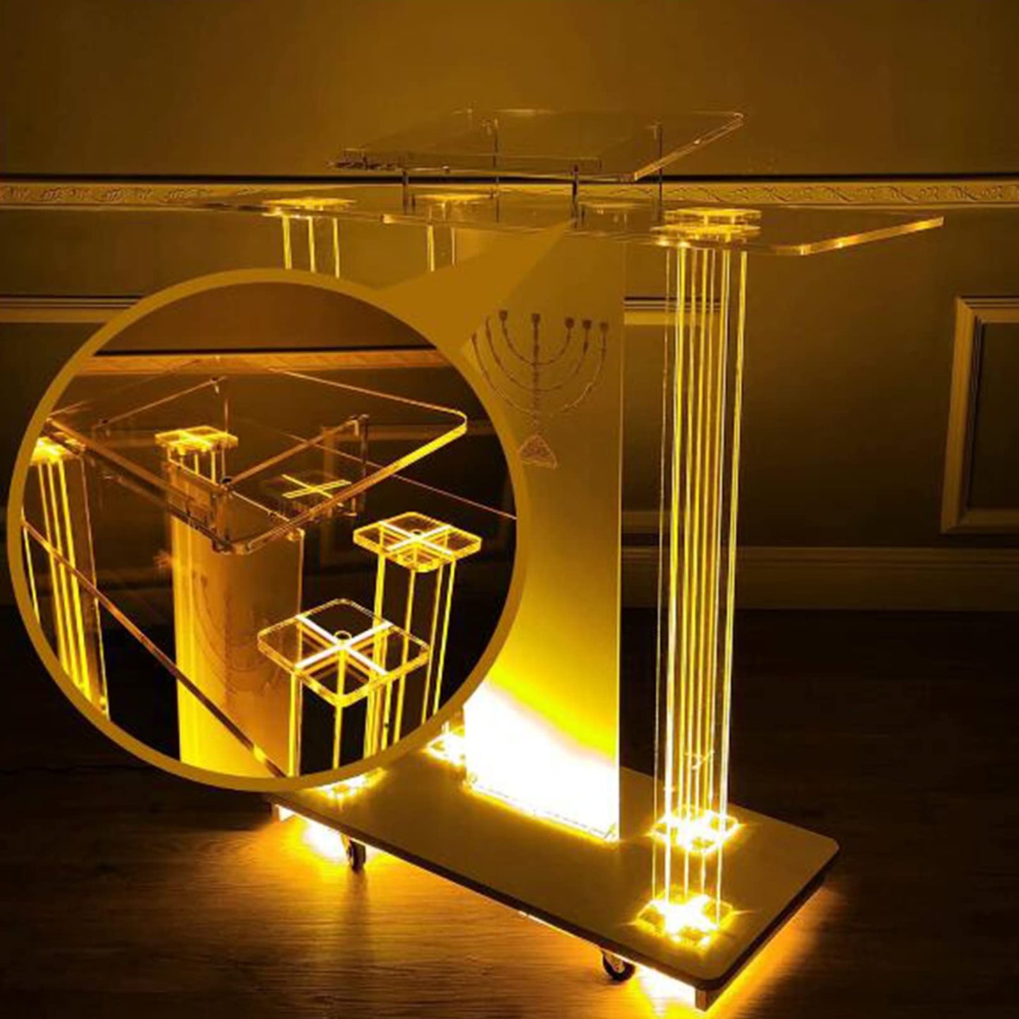 LaseVe Podium Podium Acrylic Lectern Pulpit Luminous Podium, Welcome Podium, Reception Chair Podium Conference Stage,Clear Rolling Podium Floor Podium with Light,Clear