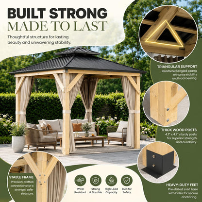 10x10 FT Hardtop Gazebo Outdoor Wooden Pavilion with Cedar Wood Frame Double Galvanized Steel Roof Netting and Curtains Heavy Duty Weather Resistant Patio Shelter for Garden Backyard Khaki