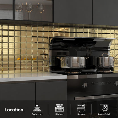 Diflart Peel and Stick Mirror Backsplash, Gold, 3x3 Inch, Beveled Mirror Square Kitchen Bar Wall Tile (2 Sq.ft, 32 Pcs)
