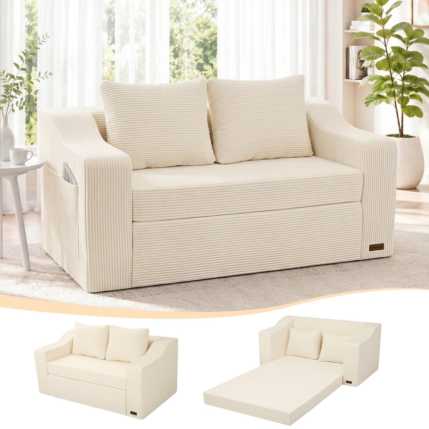 MeMoreCool Convertible Sofa Bed, Pull Out Loveseat Sofa Sleeper Couch for Bedroom Living Room Lounge, 2 in 1 Small Couch Bed with Pillow, Foldable Love Seat Futon Corduroy Beige