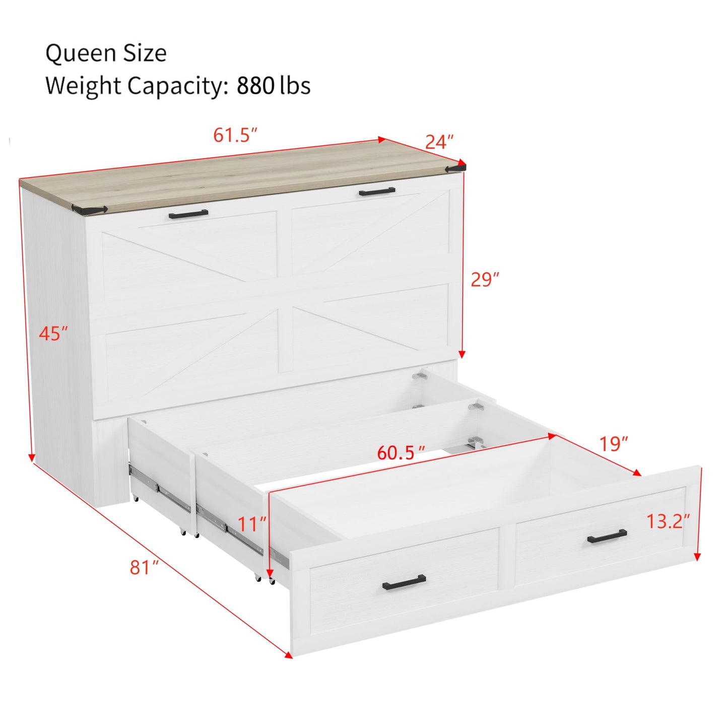 Ball & Cast Murphy Bed Queen,Farmhouse Hideaway Cabinet Bed with Charging Station and Large Storage Drawer,Foldable Wall Murphy Beds w/Slat Support,Space-Saving Furniture for Study,Office,White