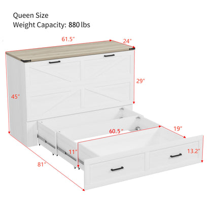 Ball & Cast Murphy Bed Queen,Farmhouse Hideaway Cabinet Bed with Charging Station and Large Storage Drawer,Foldable Wall Murphy Beds w/Slat Support,Space-Saving Furniture for Study,Office,White