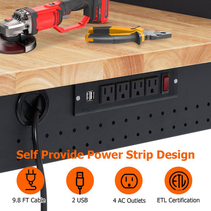 ACONEE 48" Workbench Heavy Duty, Adjustable Height Workstation with Drawer Storage, Backplate, 2000 LB Load Capacity, Multipurpose Rubber Wood Shop Table with Power Outlets, Hooks, Garage Storage