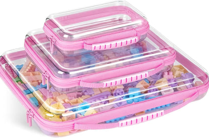 3 Pack Bag(3 Pink Extra Large Zippered Hard Shell Pouch,Clear Plastic Case,Hard Sided Case for Storage Bags,Portable
