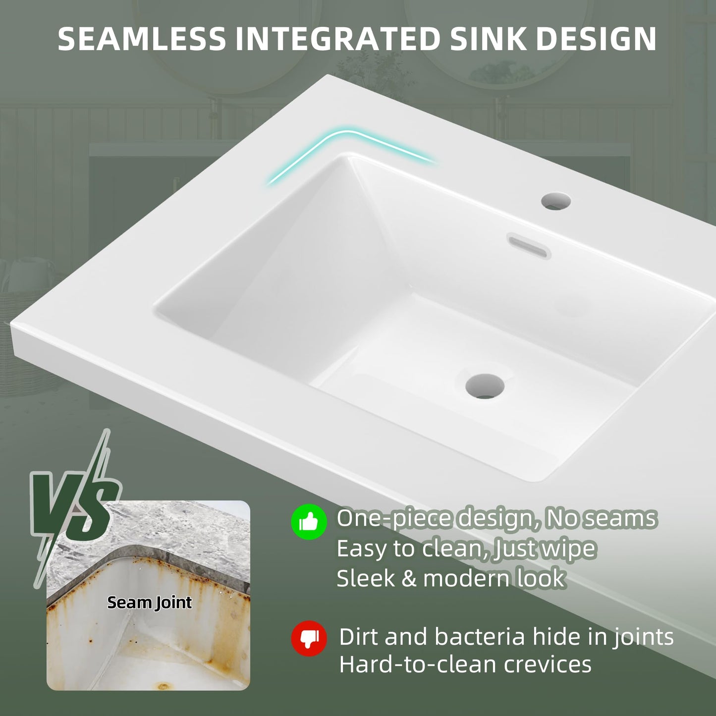 72 x 22 White Vanity Top with Sink Solid Surface Bathroom Vanity Sink Top with Double Sink Integrated Basin and Overflow in Glossy Pure White, Cabinet Not Included