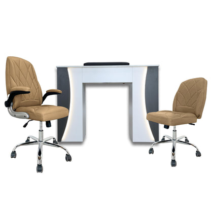 Venus Manicure Table Fan and Chair Set – Modern LED Nail Station Desk with Technician & Customer Chair, Ergonomic Design, Black & White Finish (Espresso, Capuchino)