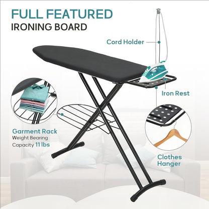 Ironing Board 48x15 in, RAINHOL Large Heavy Duty Ironing Boards Full Size with Pad and Cover, Height Adjustable Iron Stand with Storage Tray and Iron Rest, Black