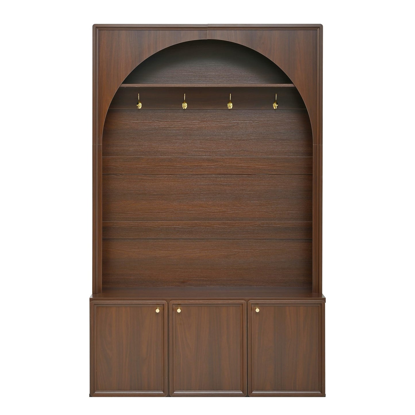 Merax Farmhouse Hall Tree with Bench and 3 Cabinets, 4-in-1 Entryway Coat Rack with 4 Golden Hooks and Top Compartments, 77.5" Retro Arched Entryway Hall Tree for Hallway, Mudroom, Entrance, Walnut