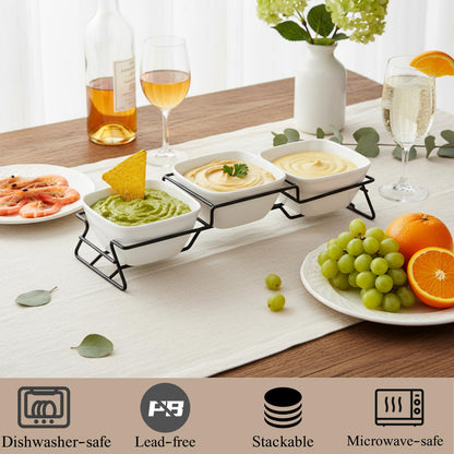 ZENFUN 10 oz Square Bowl Chip & Dip Serving Set, Pocelain Ramekin Bowls with Metal Rack Stand, White Small Serving Dishes, Condiment Serving Tray for Entertaining, Party, Buffets, Christmas