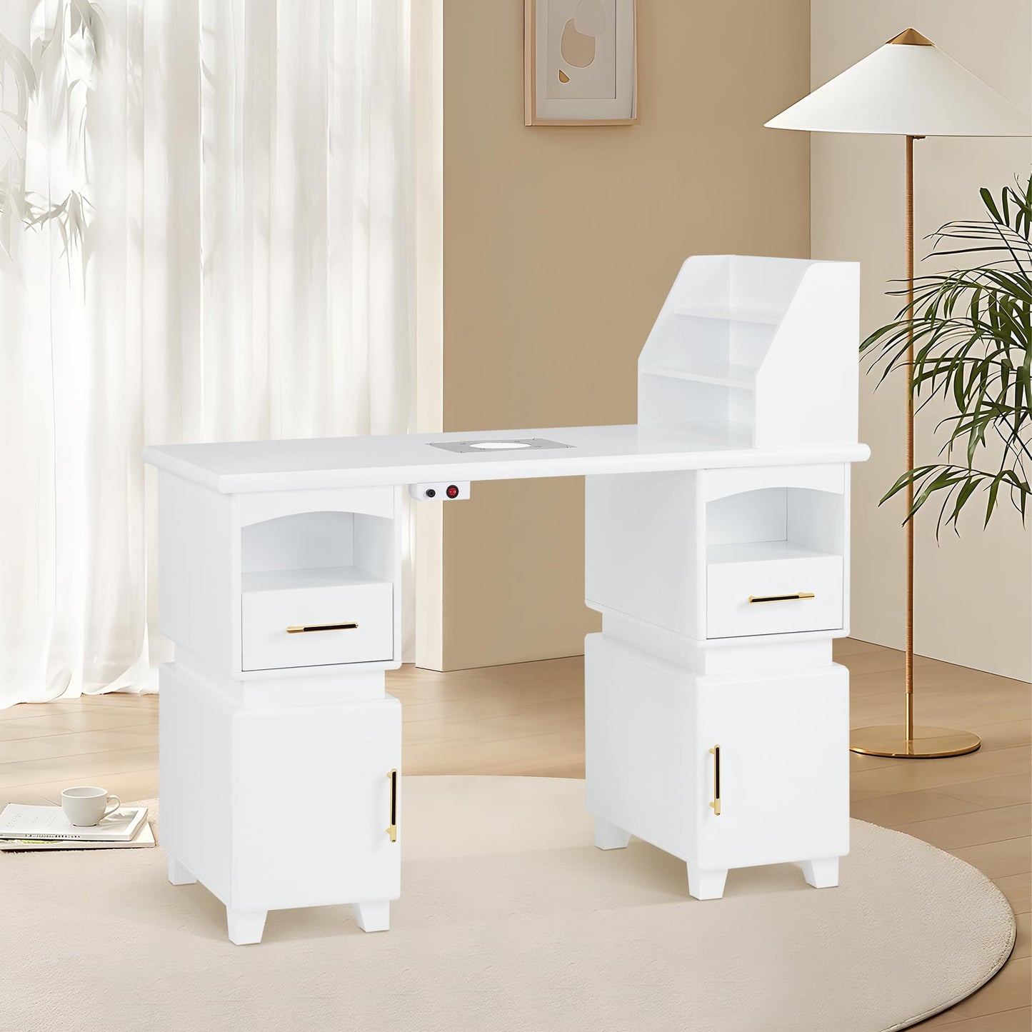 BarberPub Professional Nail Station Desk Manicure Table with Electric Dust Collector, Nail Makeup Desk with Shelves, Storage Beauty Salon Workstation with 4 Drawers Storage Cabinets VC258 (White)