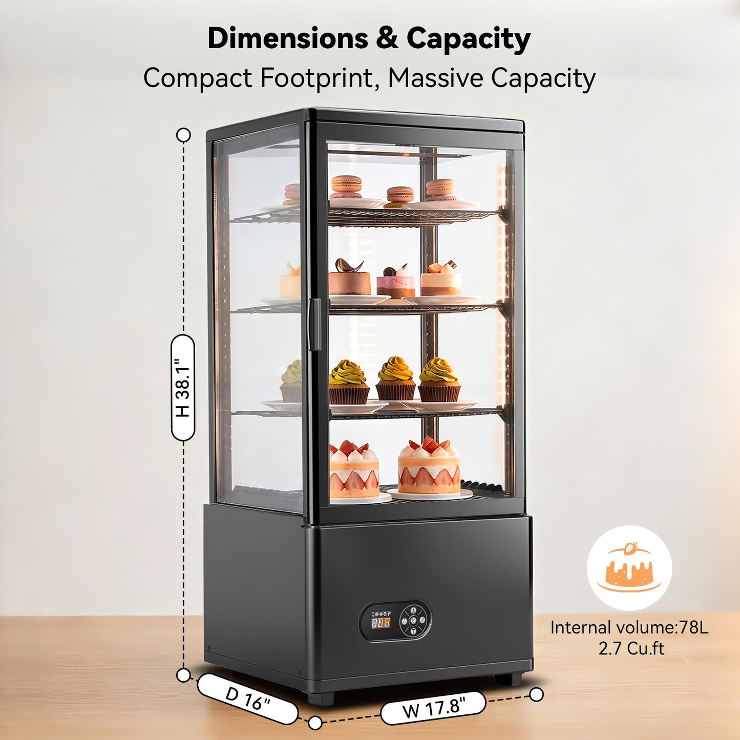 Tylza Refrigerated Display Case Countertop, 2.7 Cu.Ft/78L Commercial Display Refrigerator, LED Lighted Showcase, Double Glass Door, 32-54°F, Auto Defrost Air Cooling for Bakery, Cafe, Store