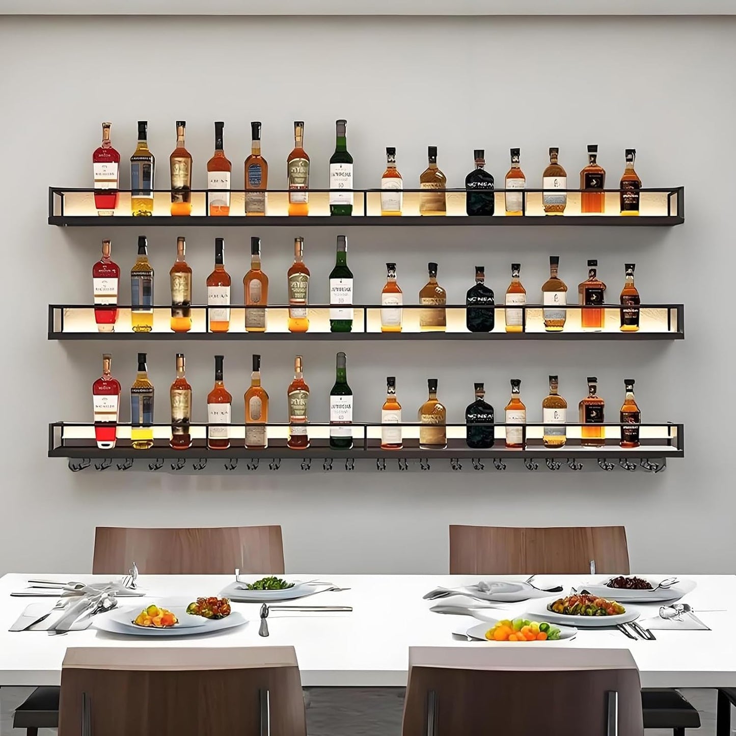 VITNSVILE Metal Wall Mounted Wine Rack with LED Light, 3 Tiers Liquor Bottles Floating Shelves with Glass Holder, Wine Shelf Industrial Bar Shelves for Home Bar Dining (Black, 180cm/71in)