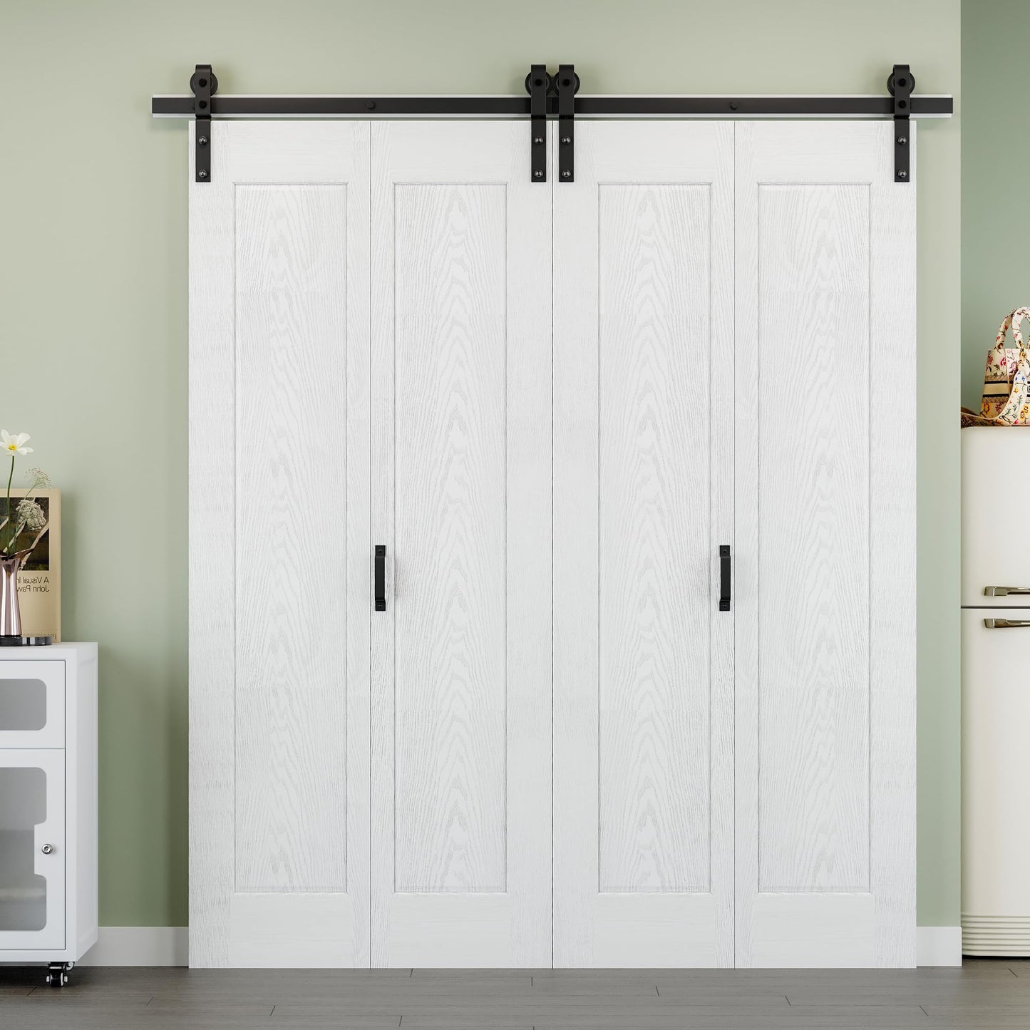 72" x 84" 1 Panel Bifold Barn Door, 80" Track Kit for 4 Closet Doors, Pre-Assembled Panel Bi-fold Barn Door for Pantry, Primed White Finish with Water-Resistant and Scratch-Resistant, Paintable