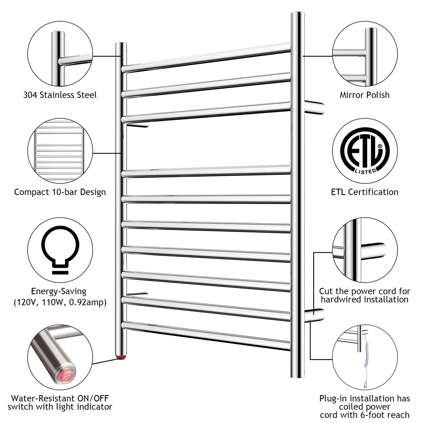 HEATGENE Towel Warmer Wall-Mounted Hardwired Heated Towel Rack Hot Towel Bar Brushed