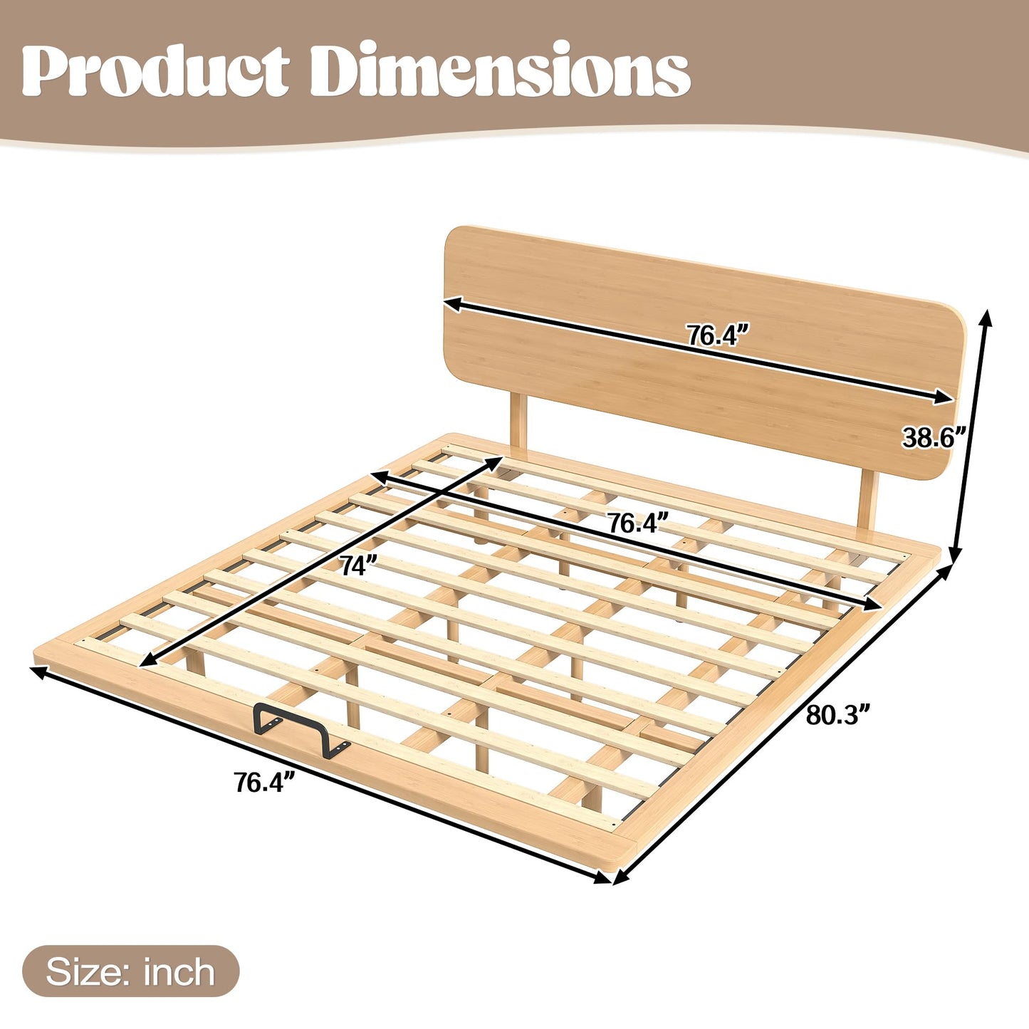 KEIKI King Size Bamboo Platform Bed with Headboard and USB Ports, Mid-Century Modern Floating Bed Frame with Solid Support Slats, No Box Spring Needed, Easy Assembly, Noise Free, for Bedroom, Natural