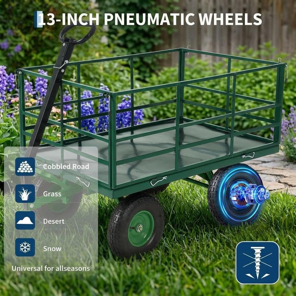 4-in-1 Heavy Duty Steel Garden Yard Cart - 1500 lbs Capacity - 13 Inch All-Terrain Wheels - Removable Mesh Sides - Dark Green Frame, Yellow Hubs, Black Handlebars