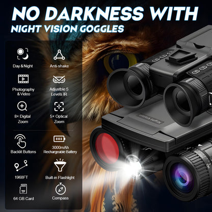 Head Mounted Night Vision Goggles with 2.4-inch Screen for Adults 2000FT - 4K Night Vision Binoculars, Infrared Goggles with 64GB Card with Flashlight 8X Digital Zoom Outdoor Exploration Camping Black