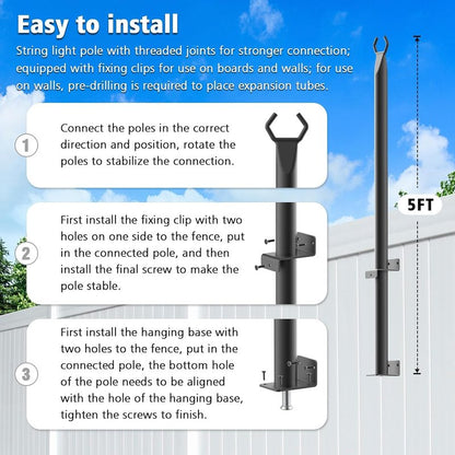 AHRLHR 6 Pack 5 Ft String Light Poles, String Light Poles for Outside with Fixing Clips,Metal Poles for Outdoor String Lights, Hanging Light Poles for Deck Fence Garden Backyard Wall Bistro