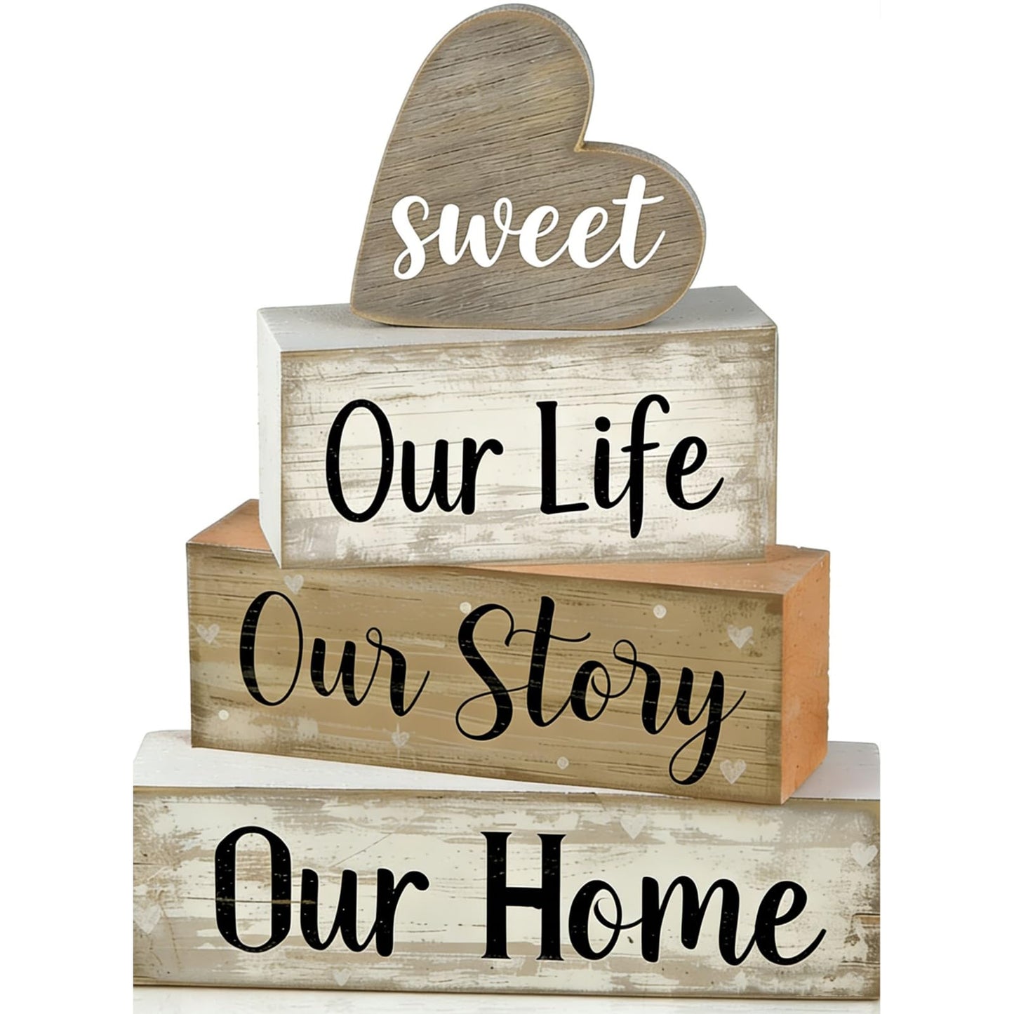 4 Pcs Farmhouse Table Decor, Wooden Heart Tiered Tray Decorations with Sweet Home Sign, Rustic Our Life Our Story Our Home Decor for Table, Kitchen, Office, Mantel, Shelf, Housewarming Gift