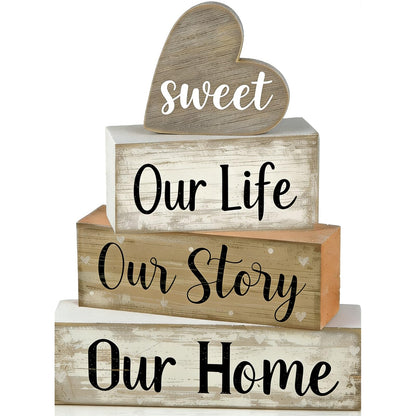 4 Pcs Farmhouse Table Decor, Wooden Heart Tiered Tray Decorations with Sweet Home Sign, Rustic Our Life Our Story Our Home Decor for Table, Kitchen, Office, Mantel, Shelf, Housewarming Gift