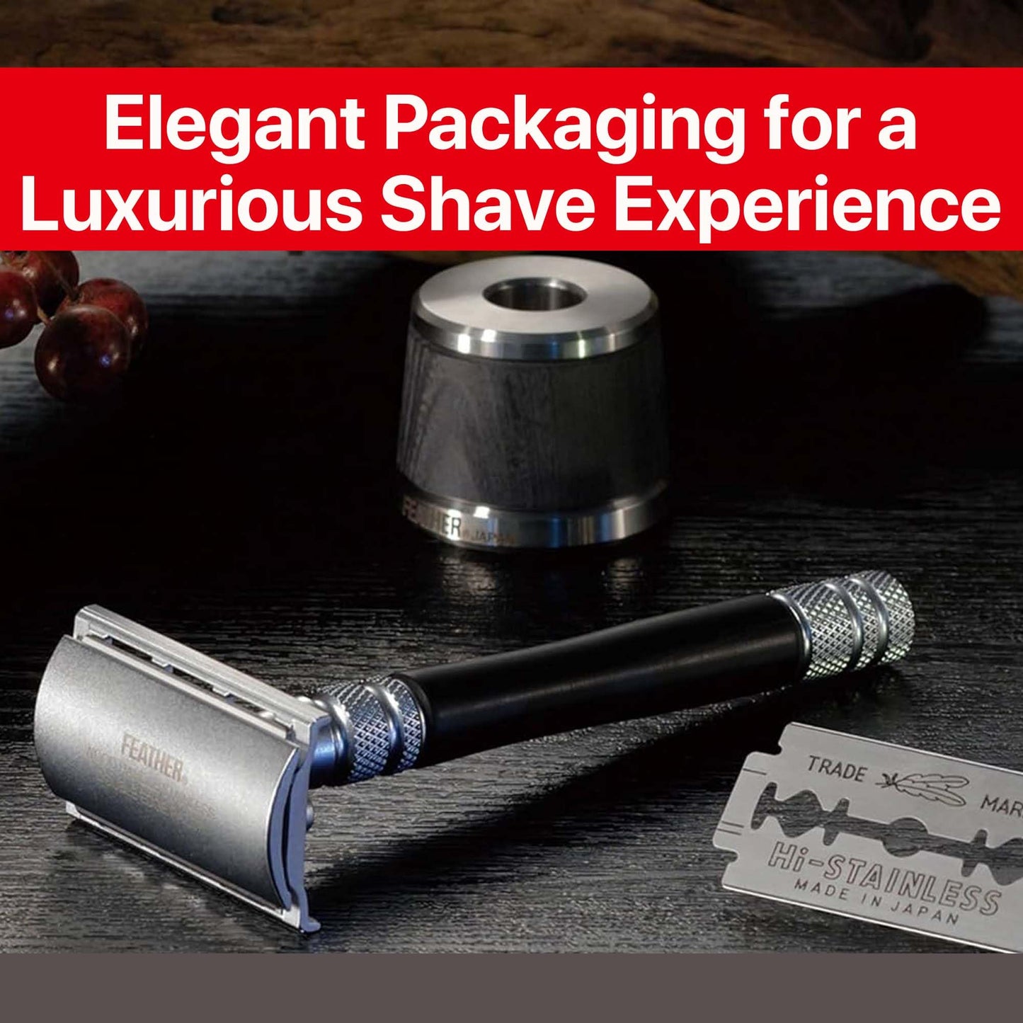 Feather - Wood Handle Stainless Double Edge Razor with Wood Inlay Stainless Steel Stand - With Resin-Impregnated Handle & Stand - Includes 5 Hi-Stainless Blades - Made in Japan