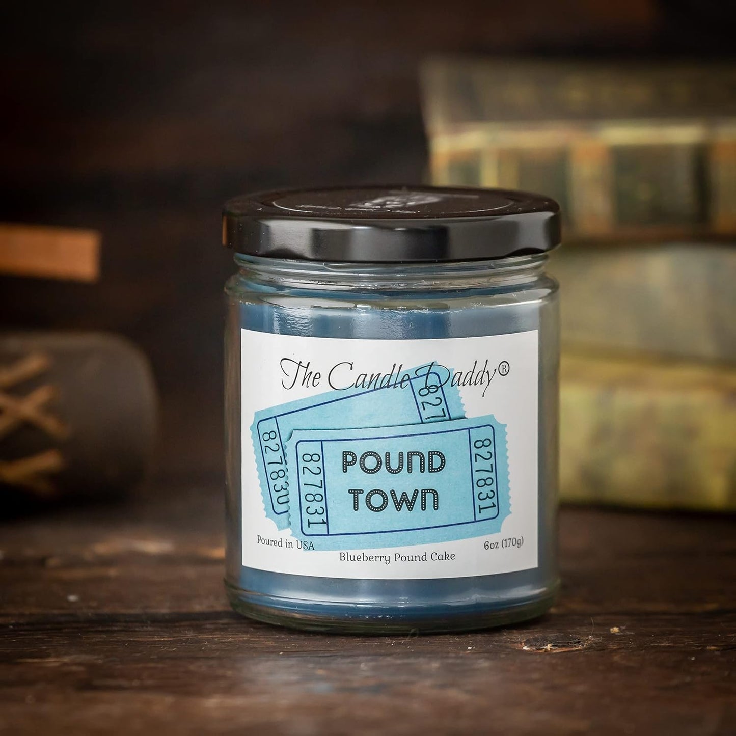 Two Tickets to Pound Town Candle, Blueberry Pound Cake Scented, Funny 6 OZ Jar, 40 Hour Burn Time