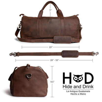 Hide & Drink, Luggage Duffle Bag with Shoulder Strap, Travel Overnight Bag, Handmade from Full Grain Leather - Bourbon Brown