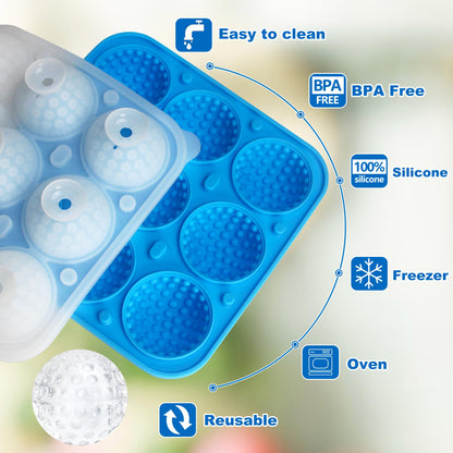 Sidosir 2" Large Golf Ice Cube Ball Silicone Molds with Lid, 9-Cavity 3D Golf Gifts Ball Ice Maker Mold for Whiskey and Cocktails