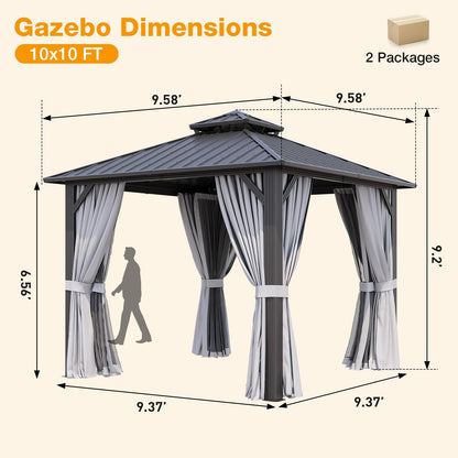 Breezestival 10x10FT Hardtop Gazebo, Metal Frame with Double Galvanized Steel Roof, Permanent Outdoor Pergola with Curtains and Netting Included for Backyard, Patio, Lawn and Garden, Gray