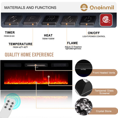 oneinmil Fireplace TV Stand with 36” Electric Fireplace, 2 Tier TV Console Stand for TVs Up to 90"", LED Light Entertainment Center, Fireplace for The Living Room TV Stand, Black, 80''