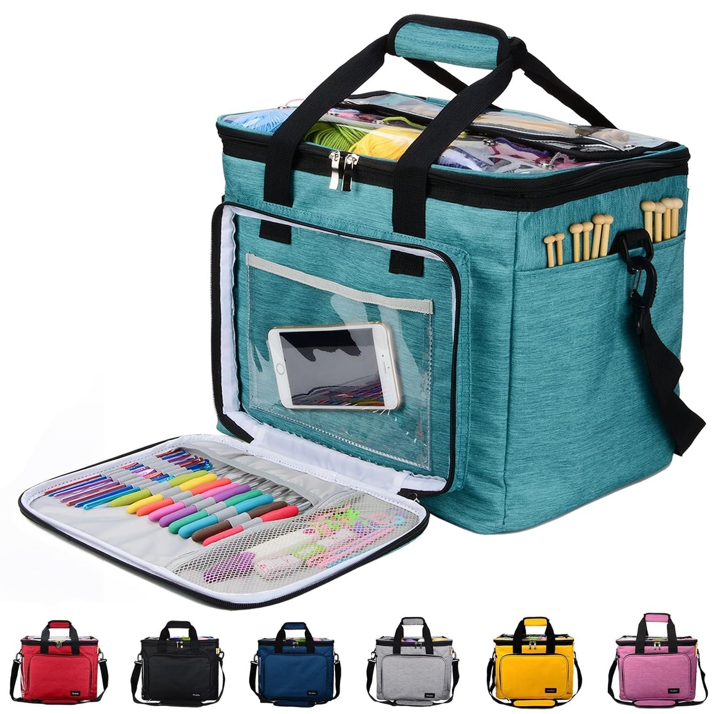 Hoshin Knitting Bag for Yarn Storage, High Capacity Yarn Totes Organizer with Inner Divider Portable for Carrying Project, Knitting Needles(up to 14”), Crochet Hooks, Skeins of Yarn (Green)